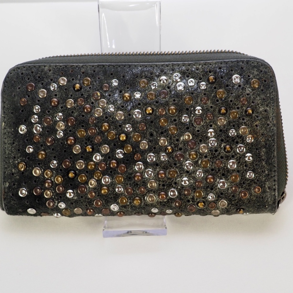 Frye Studded Slate Gray Leather Zip-Around Wallet